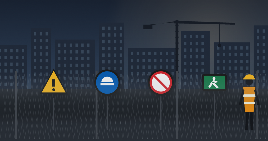 Illustration of safety signage at a Singapore construction site, representing SS 508-compliant workplace safety signs